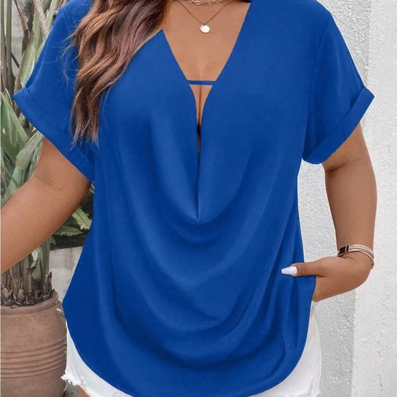 SHEIN Tops - SHEIN Privé Plus Draped Collar Roll Up Sleeve Blouse